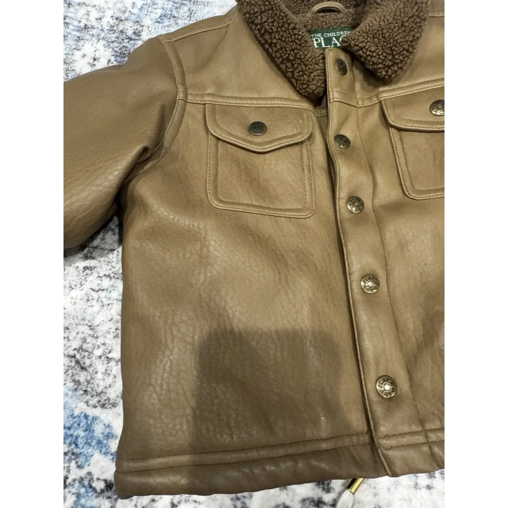 Vintage The Children's Place Brown Faux Leather Sherpa Jacket Baby Boy 24M Y2K